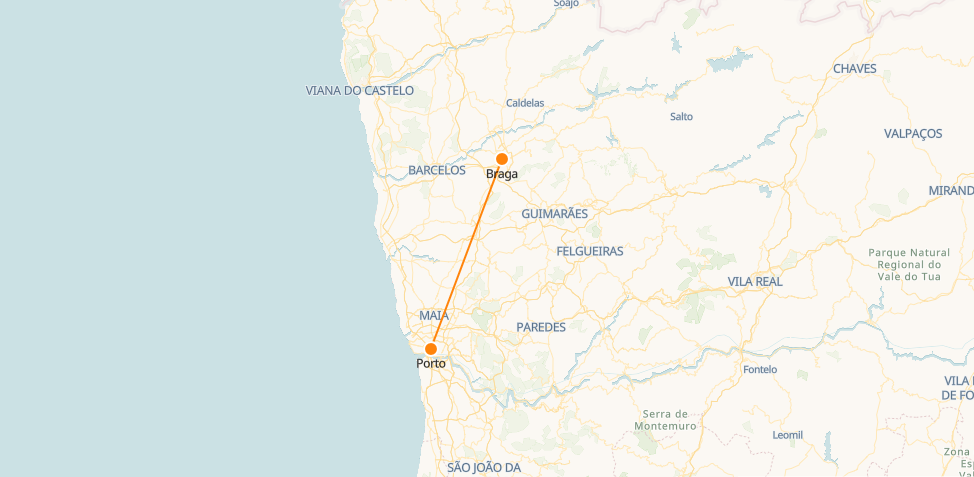 Mapa de comboios de Braga ao Porto