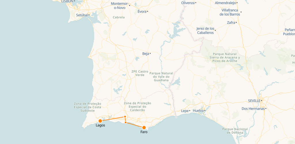 Mapa de comboios de Lagos a Faro