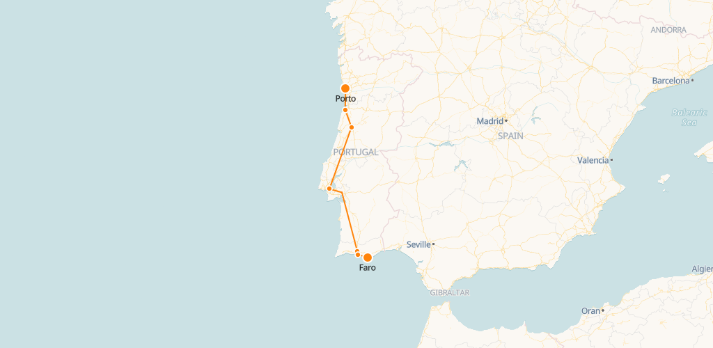 Mapa de comboios de Faro ao Porto 