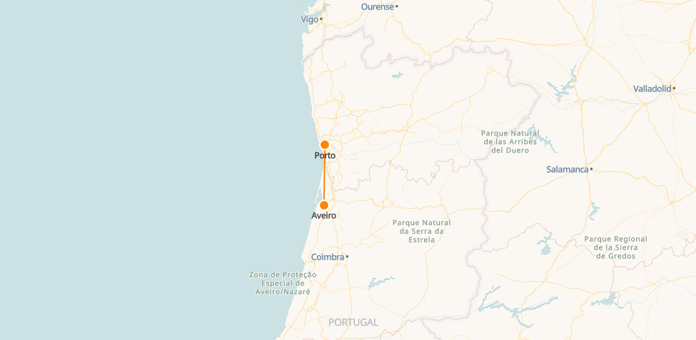 Mapa de comboios de Aveiro ao Porto