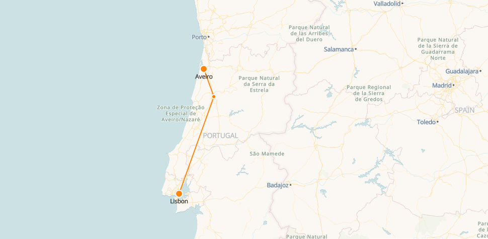 Mapa de comboios de Aveiro a Lisboa