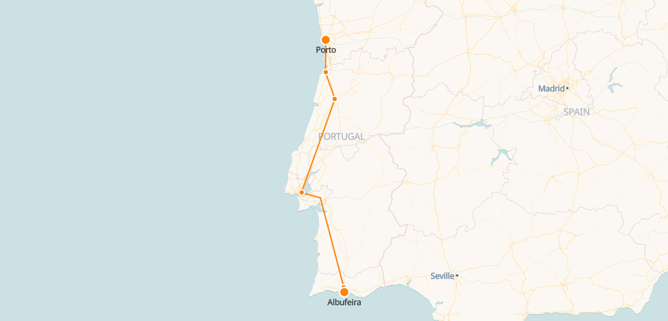 Mapa de comboios de Albufeira ao Porto